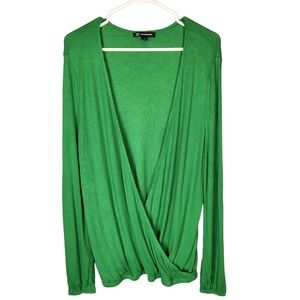 New INC Dark Emerald Surplice Faux Wrap Sweater Blouse Cinched Long Sleeve US XL